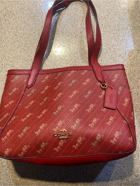 Coach Red Signature Monogram Hobo Tote with Gold Logo